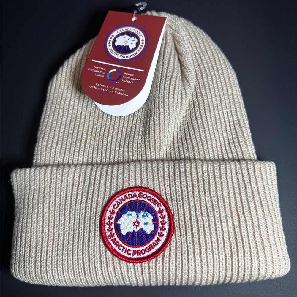 Canada Goose Beige Rib Knit Arctic Program Beanie with Red Patch